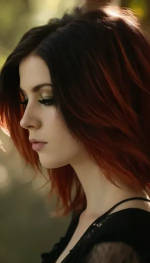 ziprealism, (Emo woman:2), (sensual portrait, intimate artistic study, shot in profile, young woman, pale skin, subtle freckles), (eye-catching hair style, voluminous hair, thick gorgeous hair, long delicate eyelashes:1.6), (sensual expression, playful eye contact, mischievous grin), (expressive eyes, stunning eyes, bold makeup, limbal rings, delicate facial features), (cinematic lighting, color grading, dappled light, shadowplay, short focal length, layered composition, dreamy esthetic, ethereal quality:1.8), Stable-Yogis-Makeup-Enhancer-XL