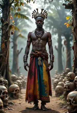 On a ceremonial African grounds, (a powerful Black African king stands dominantly:1.2), adorned in regal, brightly colored garments with intricate patterns and traditional jewelry. In the foreground, (a Nordic enslaved woman:1.1), dressed in simple, rough-spun linen and barefoot, perfect hands, offers the king a metal cup, intricately crafted from bronze. Behind them, vertical, roughly hewn tree trunks stand tall, (adorned with symbolic animal skulls:1.4), imbuing the scene with a mystical, almost dark atmosphere. In the background, blurred silhouettes of other Black African people add life and authenticity to the setting, creating a vivid and detailed portrayal of the scene. The king’s expression is stern and formidable, reflecting his power, while the enslaved woman’s demeanor is respectful and subdued. This composition evokes a powerful, thought-provoking atmosphere, (maximum detail), (super realistic photo:1.4), CUM, DONATION, ASSISTANCE, FELLATIO, TITS, SEX, HANDJOB, FOOTJOB, AFTER, VAGINAL, <lora:MJ52:.6>, <lora:Super_Eye_Detailer_By_Stable_Yogi_SDPD0:.3>, <lora:BUT_SDXL_SHS:.3>, <lora:Cloudy_Style:.8>, <lora:CUM DONATION ASSISTANCE:1.9>