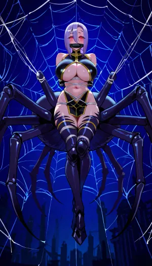 Rachnera Arachnera, (Monster Musume), . Spider monster girl, black leather clothes, red eyes, short purple hair, blushing.

Hanging in a giant spider web, bondage, tied up in white rope, full body bondage, gagged.

Dark abandon building, dark dim lighting, worm pov, close up view.