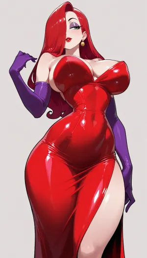 SK_Comic, (Jessica Rabbit:1.6), (profile shot, standing sideways, emphasize curves, side-eye), (large breasts, perky breasts, wide hips, (tiny waist:1.6), voluptuous:1.2), (flirty, seductive, strutting), (vibrant red hair, elegant hair, glossy hair), (tight red dress, high slit dress), (elegant gloves), (heavy eyeshadow, long eyelashes, vibrant red lipstick)