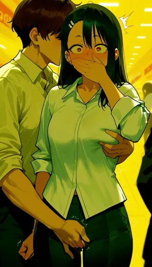 Shocked, hayase nagatoro, (groping her exposed pussy + fingering pussy), white collared shirt, Black pants, black hair male, she hand covered mouth, molestation, hand in pants, male hand in female pants, standing, mall background, (Comfyui with controlnet), Model