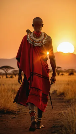 Kenyan warrior Masai, walking in Savannah in sunset, tribal tattoo, sun setting behind Kilimandjaro, proud and determination, warm light