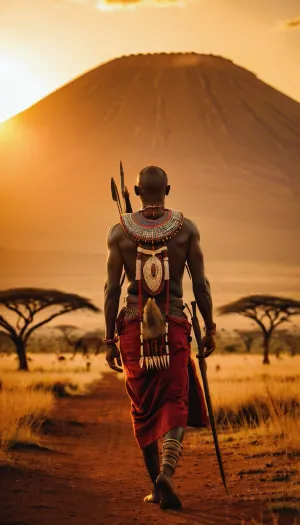 Kenyan warrior Masai, walking in Savannah in sunset, tribal tattoo, sun setting behind Kilimandjaro, proud and determination, warm light