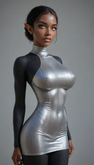 (solo:2), thin woman, ((black skin:1.8)), elf ears, black hair, Gorgeous face, (white eyes:1.5), supermodel, (fit:1.5), 4ng3l, face, woman, (large breasts:1.2), (bodycon dress:1.5), fully dressed, silver collar, melanin, <lora:Beautify-Supermodel-SDXL:1.4>, <lora:SDXL_BetterFaces-LoRA_v1:1.5>, <lora:xlsanaa woman:.8>, <lora:melanin-XL:2>, <lora:Black_American_glamour_girls:1.7>