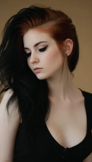 ziprealism, (Emo woman:2), (sensual portrait, intimate artistic study, shot in profile, young woman, pale skin, subtle freckles), (eye-catching hair style, voluminous hair, thick gorgeous hair, long delicate eyelashes:1.6), (sensual expression, playful eye contact, mischievous grin), (expressive eyes, stunning eyes, bold makeup, limbal rings, delicate facial features), (cinematic lighting, color grading, dappled light, shadowplay, short focal length, layered composition, dreamy esthetic, ethereal quality:1.4), Stable-Yogis-Makeup-Enhancer-XL