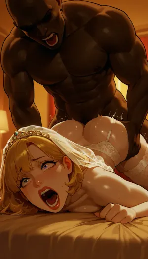 Blonde white wife with huge black African brute, (pale skin:1.6), sex, on bed, (realistic bride:1.7), (exposed breasts:1.3), (pounding her prone:1.2), (laying head down:1.3), (showing ass:1.1), small breasts, (interracial sex:1.2), (big black brutal man:1.2), (screaming:1.4), big lips, (bright motel room:1.3), reiq art, moisture art, interracial, short slim slender woman, beautiful detailed face, big eyes. View through CCTV . wife, fishnet stockings, close view, hotel bedroom, naked African brute, man standing behind, tall man short woman, Low-key, lighting, Style, dim, low, dramatic, partially, lingerie, light, style, <lora:SDXL-Tocco-bra:.5>, <lora:M05_Intensify:.8>