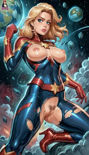 Captain Marvel, medium breasts, (perky nipples:1.4), action pose, flying through space, ripped clothing, torn clothing, perky nipples, subtle expression, hairy pussy, high contrast, (reiq style), <lora:cartoon_stickers_xl_v1:2>, <lora:ratatatat74-000050:2>, <lora:detailed_notrigger:2>