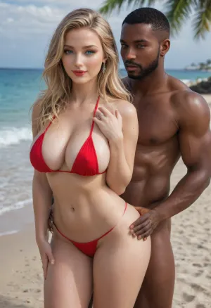 (masterpiece, best quality), explicit interracial couple caressing on the tropical beach. French woman, blonde hair, facing the camera, 40 years old, (beautiful:1.8), (wedding ring), (curvy:1.7), ((fertile goddess)), wide hips, big bubble butt, thick thighs, dressed, red string bikini, covered breasts, protruding nipples, (soft natural teardrop breasts), (C cup breasts), perfect heavy makeup, red lipstick, seductive eyes, wry smile, looking at the viewer, closed lips, sexy head-tilt, S-curve model pose, (((embraced from behind))), his hands are caressing her body, 1man, (((male model face))), black African, black skin, swimwear, naked torso, muscular, athletic, bulging brutish muscles, his massive masculine hands are holding her hips, (caressing:1.6), big cock . Beach, sea, sand, sunny sky, hot midday setting, energetic tone, front view, side view, sunlight lit from the front, sunlight reflecting off skin, captured with a Leica M10, Leica Summilux 50mm f/1.4 lens, sharp focus, best shadow, score_9, score_8_up, 8K, UHD, clear image, extremely sharp, extremely detailed, extremely intricate detail, high res, ultra-high-definition, highly detailed, ultra-sharp textures, finely detailed, perfect skin texture, hyperrealistic lighting, professional photography, full dynamic range, deep contrast, high clarity, realistic depth of field, HDR, perfect exposure, smooth gradients, volumetric lighting, natural reflections, ultra-fine details, realistic skin pores, individual hair strands, bokeh, soft shadows, color-graded, dvr-shrp, sexy ass, small, shadow, minimalism, <lora:attractive_notrigger:1.5>, <lora:WildcardX-XL-Detail-Enhancer:1.5>, <lora:EnvyShadowMinimalismXL01:1.5>, <lora:EnvyThiccXL02:1.5>, <lora:Detailed_female_hands-000001:.8>