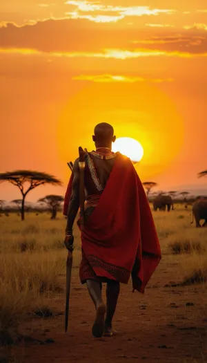 Kenyan warrior Masai, walking in Savannah in sunset, sun setting behind Kilimandjaro, proud expression, determination, distant elephant, realistic