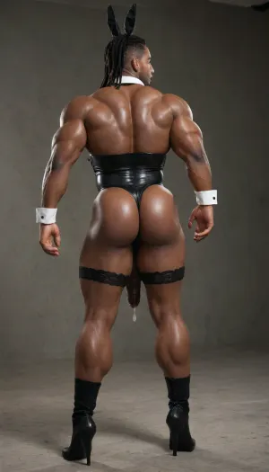 Crossdressing, man, playboy bunny, Black, African, handsome, Bunny ears, bulge, big muscles, bodybuilder. Oversized bulge. Black leather. Rubbing bulge. Cum stains. Leaking cum. Semen stains. Strapless leotard. Dark skin tone. Bodybuilder, big pecs, oversized arm muscles. Oversized pecs. Big chest. White collar. Black bow tie. White cuffs. Fishnets. High heels. Dark Skinned. Bunny tail. Black man. Dark skin. . Butt plug. White bunny tail. Backside. Oversized shoulder. Butt. Fat ass. Black leather corset over strapless leotard. Displaying asshole. Spreading cheeks. Cum dripping from ass. Well fucked hole. Post sex. Horse penis. Big balls. Equine phallus. Stocking. Garter. Long hair. Dreadlocks.
Looking over shoulder. 3/4 view Sweaty. Thick, Bodybuilder. Wide. Big muscles. Dark skin, black skin. African skin. Black, african. Ebony skin. Clean shaven, big, muscle, large, hyper, thick, limbs, thighs, arms, huge, anime, hugest, ever, muscles, . Brute. Hulking muscles. Big full balls. Oversized testicles. Balls hanging low. Dark black skin. Elf ears. gigantic black brute, only one person, only man., no woman, (tall strong muscular thug:1.1), black, dark, skin, standing up straight, <lora:bodybuilder:2>, <lora:HugeAnimeCocks:2>, <lora:Diversify:2>, stocking. Pantyhose. Horse phallus. Horse penis. Equine penis