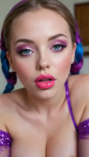 I'm sitting with my legs apart in front of a dressing table with a mirror and a backlight, and there are various makeup products on the table., (tons of cum:1.4), bukkake, I'm looking In the mirror with my eyes wide open, I'm 21 years old and I'm wearing lipstick, Amazing photo, 8k, highest quality, wide viewing angle, detailed face, insanely attractive face, I'm a little lady, slender body, (very small tits with bright purple nipples), (piercing with large nipple rings), I'm holding a lipstick in my hand, my body is slightly tilted, small tits, colored long hair with two bows on my head. I'm a naked, (little lady:1.3), I'm cumming, drooling, my pussy is covered in pink lipstick, you can see my very wet pussy close-up, oh my god, pink pussy spread, shaved beautiful pussy, pussy spread close-up, (big lips, anus:1.6), my pussy is wide open piercing, (maximally detailed skin:1.3), (makeup:1.5), long blue eyelashes, olive eyeshadow with sequins, (high-quality facial care:1.3), big plump lips of a beauty in red lipstick with a glossy wide pink contour and slightly open mouth, (hairstyle with five pigtails, straight bangs of blue color with sequins:1.2), (purple nipples:1.2), labia, (clitoris piercing:1.2)