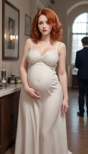 curvy tall pregnant ssbbw, huge boobs, long curly red hair, red, dress, JR1024, <lora:JR1024:1.1>