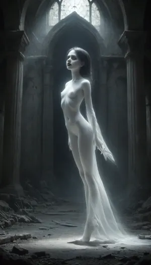 A vast, abandoned baroque palace with towering cracked columns. Peeling frescoes and soot-stained ceilings loom overhead. a lone figure emerging from the shadows. A ghost, standing suspended 50cm above the ground, pale girl, ((18yo, white painted skin, unnatural white skin, unnatural fully black eyes, black lips)), extreme long black hair, slender body, full nude, very short body, small hips, small butt, flat chest, fully nude. High-contrast chiaroscuro—cold moonlight slashes through broken stained glass, casting sharp shadows that amplify her ethereal presence. Dust motes swirl in the beams., Slight Dutch angle, full-body portrait as she vanishes into deeper shadows., mentixis, metix, ais-ghostly, misty, ghost, floating, <lora:mentixis:2>, <lora:Ghostly_Style_SDXL:2>, <lora:PAseer-SDXL-MistyGhost:2>