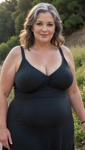 (masterpiece, best quality:1.2), very plus-size obese gilf, (((ssbbw))), ((sagging bosom)), (mature:1.5), 60yo milf, solo, (black sundress, no bra, braless:1.2), pretty eyes, thick brown hair, bright blue eyes, grey in hair, in summer, golden hour, California landscape, standing, smiling, photorealism, perfect face, portrait, fat bbw, body wrinkles, sagging belly, shapeless, saggy, (old big breasts, hanging deep, heavy boobs, saggy old boobs, teardrop shaped breasts, covered erect nipples), medium breasts, <lora:xl_more_art-full_v1:.8>