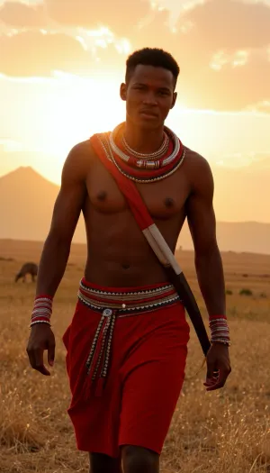 Kenyan warrior Maasai in hunting attire, walking in Savannah in sunset, Kilimandjaro, distant lion running, proud expression, realistic, warm, light, cinematic, 3200k, <lora:cinematic warm light style v1:.8>