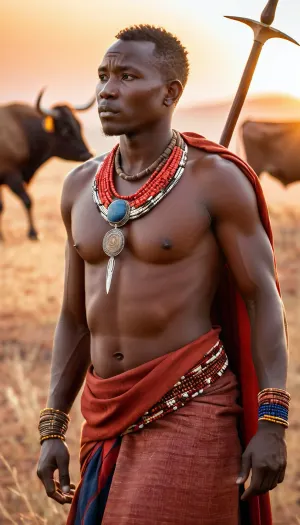 (masterpiece, highest quality, ultra-detailed rendering), (photorealism:1.2), (epic composition), a Masai warrior stands proudly at sunset in the Kenyan savannah, (full frame:1.1), natural skin texture, detailed face, expressive features, (dressed in a traditional bright red shuka:1.1), (multi-layered beaded necklaces), (beaded bracelets), dusty dry savannah landscape, warm orange and yellow tones, golden hour, bokeh background with large horned cattle, light dusty haze, professional photography