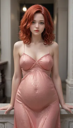 curvy tall pregnant african ssbbw, huge boobs, long curly red hair, red, dress, JR1024, <lora:JR1024:1.1>