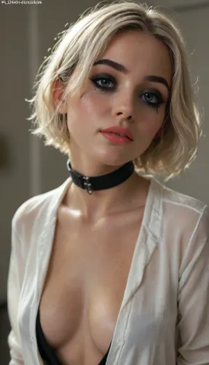 (((young))), (white short hair:1.5), slutty clothes, (black collar), slim hourglass body, horny face, attractive body, (black makeup:2), (blue eyes), (into the office), (face close up:1.4), (plunging neckline), (black crop top), skinny, perfect skin, beautiful face, ultra high details, hdr, natural tits, close up full body view, standing, toned body, vivid colors, Stable-Yogis-Makeup-Enhancer-XL, detailxl, detailed eyes, movie, still, film, cinematic, shot, lighting, macro, 35mm, <lora:DetailedEyes_V3:2>, <lora:AdvancedEnhancerXLv2:2>, <lora:style_lora_realis:2>