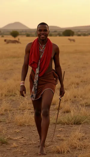 Kenyan warrior Maasai in hunting attire, walking in Savannah in sunset, Kilimandjaro, distant lion running, proud expression, realistic, warm, light, cinematic, 3200k, <lora:cinematic warm light style v1:.8>