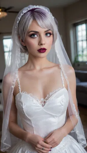 photo realistic, ((masterpiece)), ((best quality)), 8k, high detailed, ultra-detailed, detailed face, Stunning photo, highest quality, high viewing angle, 19 years old, insanely attractive face, I am a very bad depraved girl. I stretch my anus using special tools and equipment to produce large amounts of milk., (makeup:1.3), unreal blue eyelashes
my breasts swell, they overflow with milk, the nipples enlarge and the milk begins to flow, I connect a special device for collecting milk, ((dark purple lipstick with a bright burgundy lip outline)), (short haircut with bangs, shiny platinum hair), (((serial number stamp and QR code))), glitt3r, white, thighhighs, (short, hair:1.7), hair, on, one, eye, frills, puff, sleeves, (white, bridal, dress, veil:1.5), <lora:glitt3r:2>, <lora:Nier_Automata_2B_White_Wedding_Dress_Bride_Cosplay_Realistic_LoRA:1.4>