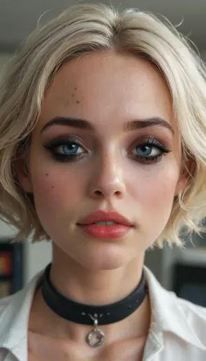 (((young))), (white short hair:1.5), slutty clothes, (black collar), slim hourglass body, ((horny face)), attractive body, (black makeup:2), (blue eyes), (into the office), (face close up:1.4), (black tube top), skinny, perfect skin, beautiful face, ultra high details, hdr, natural tits, close up full body view, standing, toned body, vivid colors, Stable-Yogis-Makeup-Enhancer-XL, detailxl, detailed eyes, movie, still, film, cinematic, shot, lighting, macro, 35mm, <lora:DetailedEyes_V3:2>, <lora:AdvancedEnhancerXLv2:2>, <lora:style_lora_realis:2>
