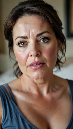 Ssbbw, Sagging natural bust, ultra realistic, chubby milf wearing a v-neck sleeveless shirt standing in a modern bedroom, 50yo, milf, dark hair, bbw, round face, open mouth, looking at viewer, flirting, light eyes, (expressive eyes, striking eyes, captivating eyes, mesmerizing eyes), (detailed skin texture, skin imperfections), (age-appropriate skin condition, wrinkles, wrinkled skin, wrinkled face:.5), <lora:style_lora_realis:.8>