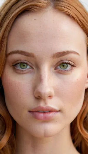 Close-up portrait of a young woman with long bright orange wavy hair parted slightly off-center, revealing a soft natural hairline and smooth high forehead with gentle curvature, fair skin with a matte texture and subtle peach undertones, almond-shaped green eyes with a soft reflective sheen, delicately arched eyebrows with medium density and natural definition, straight refined nose with a narrow bridge and softly rounded tip, short philtrum, full lips with a natural curve and soft pink tint, neutral facial expression, rounded chin with gentle contour, symmetrical facial structure, evenly diffused lighting, shallow depth of field, photorealistic detail
