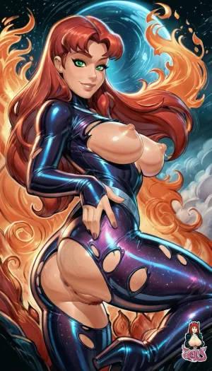 (StarFire from titans), large breasts, fire trail, cosmic fire trail, (perky nipples:1.4), round ass, flying through sky, tattered clothing, (ripped clothing:1.4), perky nipples, smiling, hairy pussy, godpussy, high contrast, (reiq style), <lora:cartoon_stickers_xl_v1:2>, <lora:ratatatat74-000050:2>, <lora:detailed_notrigger:2>