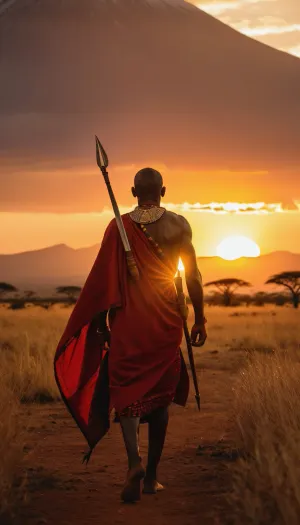 Kenyan warrior Masai, walking in Savannah in sunset, sun setting behind Kilimandjaro, proud expression, determination, éléphant in far, sunset lightning