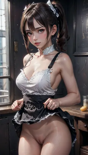 beautiful brunette 18 years old with ponytails woman, white bows, black dress, white apron, virgin very thick pussy, white lingerie, white shoes, high heels, lewddungeon, background black walls, skirtlift, futuristic-fantasy-anime, <lora:skirtlift_xl:.6>, <lora:pantyhose_widget_v10:.8>, <lora:futureistic_fantasy_anime_sdxl_v1:1.6>
