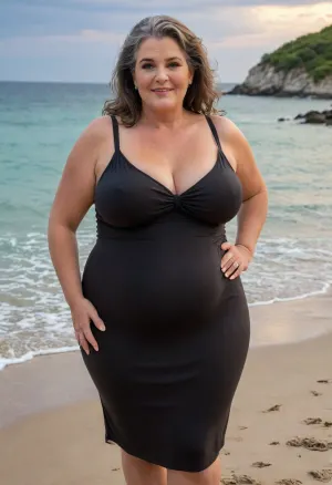 (masterpiece, best quality:1.2), very plus-size obese gilf, (((ssbbw))), ((sagging bosom)), (mature:1.5), 60yo milf, solo, (black sundress, no bra, braless:1.2), pretty eyes, thick brown hair, bright blue eyes, grey in brown hair, in summer, golden hour, beach resort landscape, standing, smiling, photorealism, perfect face, portrait, fat bbw, body wrinkles, sagging belly, shapeless, saggy, (old big breasts, hanging deep, heavy boobs, saggy old boobs, teardrop shaped breasts, covered erect nipples), medium breasts, <lora:xl_more_art-full_v1:.8>