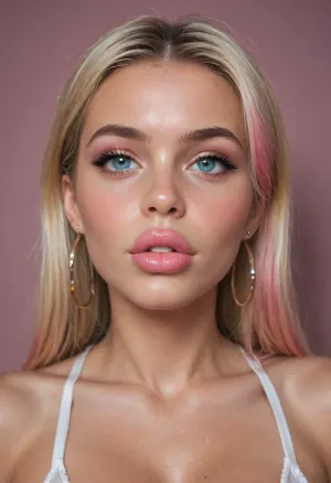 ziprealism, (score_9, score_8_up, score_7_up), (bimbo, horny bimbo, lusty, sensual expression:1.2), (thick full lips, puffy lips, soft lips:1.4), (pink lipstick, lip liner, moist lips, sticky lips:1.2), (closeup, focus on lips), (bimbo bedroom, pink decor), (round face, soft facial features, large expressive eyes, big doe eyes), (blonde hair with pink highlights, large hoop earrings), (natural skin texture), Stable-Yogis-Makeup-Enhancer-XL