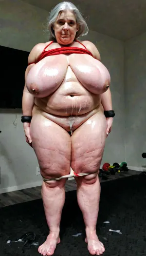 An elderly, very fat, gray-haired old granny, a sagging belly, very thick cellulite legs, huge stretched breasts with thick puffy nipples, very pale white and red skin. bound pieced tits, barefoot, nipple piercing, she is standing with lots of cum all over her huge old body, flat, chest, big, breasts, huge, gigantic, small, hips, thighs, wide, thick, plump, belly, muscular, female, arms, extra, abs, <lora:Venus_Body_Alpha:.8>