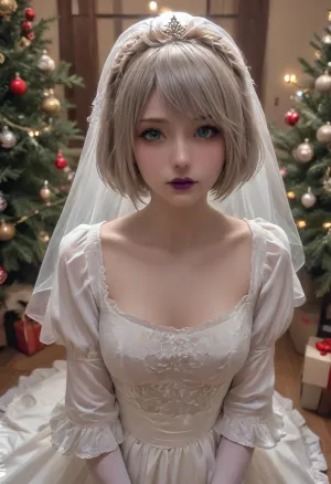 photo realistic, ((masterpiece)), ((best quality)), 8k, high detailed, ultra-detailed, detailed face, Stunning photo, highest quality, high viewing angle, 19 years old, insanely attractive face, I am a very bad depraved girl. I stretch my anus using special tools and equipment to produce large amounts of milk., (makeup:1.3), unreal blue eyelashes
my breasts swell, they overflow with milk, the nipples enlarge and the milk begins to flow, I connect a special device for collecting milk, ((dark purple lipstick with a bright burgundy lip outline)), (short haircut with bangs, shiny platinum hair), (((serial number stamp and QR code:1.3))), glitt3r, white, thighhighs, (short, hair:1.7), hair, on, one, eye, frills, puff, sleeves, (white, bridal, dress, veil:1.5), Christmas, tree, <lora:glitt3r:2>, <lora:Nier_Automata_2B_White_Wedding_Dress_Bride_Cosplay_Realistic_LoRA:1.4>, <lora:Christmas tree_XSE_V1:1.8>