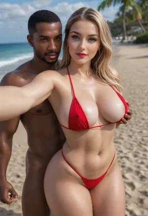 (masterpiece, best quality), explicit interracial couple caressing on the tropical beach. French woman, blonde hair, facing the camera, 40 years old, (beautiful:1.8), (curvy:1.7), ((fertile goddess)), wide hips, big bubble butt, thick thighs, dressed, red string bikini, covered breasts, protruding nipples, (small, natural, teardrop breasts), (C cup breasts), arm outstretched taking the selfieperfect heavy makeup, red lipstick, seductive eyes, wry smile, looking at the viewer, closed lips, sexy head-tilt, S-curve model pose, perfect detailed hands, wedding ring, (((embraced from behind))), his hands are caressing her body, 1man, (((male model face))), black African, black skin, swimwear, naked torso, muscular, athletic, bulging brutish muscles, holding her hips, (caressing:1.6), big cock . Beach, sea, sand, sunny sky, hot midday setting, energetic tone, selfie, close-up, perpendicular side view, sunlight lit from the front, sunlight reflecting off skin, captured with a Leica M10, Leica Summilux 50mm f/1.4 lens, sharp focus, best shadow, score_9, score_8_up, 8K, UHD, clear image, extremely sharp, extremely detailed, extremely intricate detail, high res, ultra-high-definition, highly detailed, ultra-sharp textures, finely detailed, perfect skin texture, hyperrealistic lighting, professional photography, full dynamic range, deep contrast, high clarity, realistic depth of field, HDR, perfect exposure, smooth gradients, volumetric lighting, natural reflections, ultra-fine details, realistic skin pores, individual hair strands, bokeh, soft shadows, color-graded, dvr-shrp, sexy ass, small, shadow, minimalism, <lora:attractive_notrigger:1.5>, <lora:WildcardX-XL-Detail-Enhancer:1.5>, <lora:EnvyShadowMinimalismXL01:1.5>, <lora:EnvyThiccXL02:1.5>, <lora:Detailed_female_hands-000001:.8>