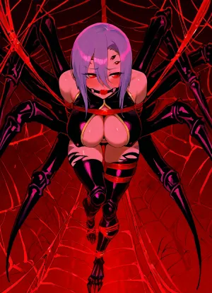 Rachnera Arachnera, (Monster Musume), . Spider monster girl, black leather clothes, red eyes, short purple hair, blushing.

Hanging in a giant spider web, bondage, tied up in white rope, full body bondage, gagged.

Dark abandon building, dark dim lighting, worm pov, close up view.