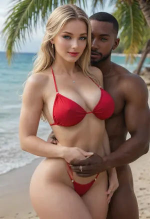 (masterpiece, best quality), explicit interracial couple caressing on the tropical beach. French woman, blonde hair, facing the camera, 40 years old, (beautiful:1.8), (wedding ring), (curvy:1.7), ((fertile goddess)), wide hips, big bubble butt, thick thighs, dressed, red string bikini, covered breasts, protruding nipples, (soft natural teardrop breasts), (C cup breasts), perfect heavy makeup, red lipstick, seductive eyes, wry smile, looking at the viewer, closed lips, sexy head-tilt, S-curve model pose, (((embraced from behind))), his hands are caressing her body, 1man, (((male model face))), black African, black skin, swimwear, naked torso, muscular, athletic, bulging brutish muscles, his massive masculine hands are holding her hips, (caressing:1.6), big cock . Beach, sea, sand, sunny sky, hot midday setting, energetic tone, front view, side view, sunlight lit from the front, sunlight reflecting off skin, captured with a Leica M10, Leica Summilux 50mm f/1.4 lens, sharp focus, best shadow, score_9, score_8_up, 8K, UHD, clear image, extremely sharp, extremely detailed, extremely intricate detail, high res, ultra-high-definition, highly detailed, ultra-sharp textures, finely detailed, perfect skin texture, hyperrealistic lighting, professional photography, full dynamic range, deep contrast, high clarity, realistic depth of field, HDR, perfect exposure, smooth gradients, volumetric lighting, natural reflections, ultra-fine details, realistic skin pores, individual hair strands, bokeh, soft shadows, color-graded, dvr-shrp, sexy ass, small, shadow, minimalism, <lora:attractive_notrigger:1.5>, <lora:WildcardX-XL-Detail-Enhancer:1.5>, <lora:EnvyShadowMinimalismXL01:1.5>, <lora:EnvyThiccXL02:1.5>, <lora:Detailed_female_hands-000001:.8>