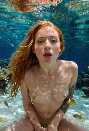 Underwater at the bottom of the sea, Sexy tattooed hippie 18 years old Irish ginger girl enjoying intense orgasm, tall, Pov full frontal body photo, small perky breasts, big beautiful open eyes looking at me, ultra detailed goosebumps skin, tatoo covered body, Nice Pussy, Pussy shaved, ((Beautifull Pussy)), ((Pussy)), (no Penis), kneeling on the coral seafloor, perfect eyelashes, pussy juice, perfect pussy, orgasm o face, intense female orgasm, perfect hands, orgasmic realistic face, she is sitting on the sandy sea bottom, ((fish swimming around her)), ((moaning)), ((orgasmic sensual gaze at the camera)), warm dreamy lighting, ((underwater scene)), highly detailed, character design, elegant organic framing, hyperrealism, posterized, masterpiece collection, amateuranal, missionaryanal, woman, <lora:amateuranal:1>, <lora:JustCum:.1>
