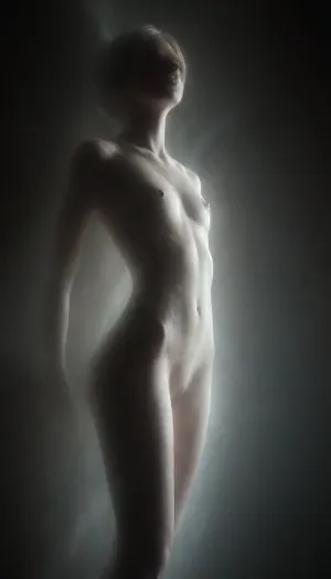 A vast, abandoned baroque palace with towering cracked columns. Peeling frescoes and soot-stained ceilings loom overhead. a lone figure emerging from the shadows, (((18yo, standing in the air, pale skin, white painted skin, unnatural white skin, unnatural black eyes, black lips))), (((extremely long black hair, slender body, full nude, extremely short body, extremely small hips, small butt, extremely flat chest, fully nude))), . High-contrast chiaroscuro—cold moonlight slashes through broken stained glass, casting sharp shadows that amplify her ethereal presence. Dust motes swirl in the beams., Slight Dutch angle, full-body portrait as she vanishes into deeper shadows., mentixis, metix, ais-ghostly, misty, ghost, floating, <lora:mentixis:2>, <lora:Ghostly_Style_SDXL:2>, <lora:PAseer-SDXL-MistyGhost:2>