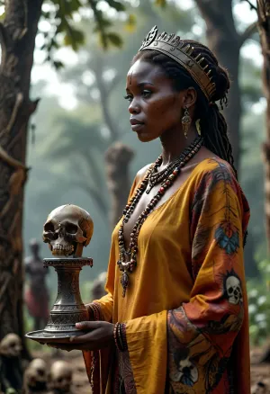 On a ceremonial African grounds, (a powerful Black African king stands dominantly:1.2), adorned in regal, brightly colored garments with intricate patterns and traditional jewelry. In the foreground, (a Nordic enslaved woman:1.1), dressed in simple, rough-spun linen and barefoot, perfect hands, offers the king a metal cup, intricately crafted from bronze. Behind them, vertical, roughly hewn tree trunks stand tall, (adorned with symbolic animal skulls:1.4), imbuing the scene with a mystical, almost dark atmosphere. In the background, blurred silhouettes of other Black African people add life and authenticity to the setting, creating a vivid and detailed portrayal of the scene. The king’s expression is stern and formidable, reflecting his power, while the enslaved woman’s demeanor is respectful and subdued. This composition evokes a powerful, thought-provoking atmosphere, (maximum detail), (super realistic photo:1.4), CUM, DONATION, ASSISTANCE, FELLATIO, TITS, SEX, HANDJOB, FOOTJOB, AFTER, VAGINAL, <lora:MJ52:.6>, <lora:Super_Eye_Detailer_By_Stable_Yogi_SDPD0:.3>, <lora:BUT_SDXL_SHS:.3>, <lora:Cloudy_Style:.8>, <lora:CUM DONATION ASSISTANCE:1.9>