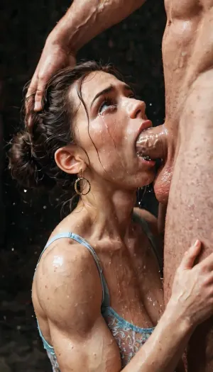 Slowly, she lowers her head, engulfing Bob's massive member inch by inch. Her throat bulges obscenely as she forces herself to take him deeper, fighting her gag reflex with sheer determination. After several tense seconds, she finally manages to swallow the last bit of his length. Her nose presses against his pelvis as she holds him deep in her throat, her eyes watering from the effort. Unable to breathe, she begins to bob her head slowly, massaging his cock with her tight esophagus muscles. Tears stream down her cheeks as she struggles to maintain her position, but the look of pure lust and pride on her face makes it clear that she wouldn't have it any other way.