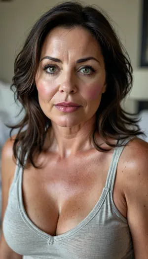 Sagging, ultra realistic, chubby milf wearing a v-neck sleeveless shirt standing in a modern bedroom, 50yo, milf, dark hair, bbw, round face, open mouth, looking at viewer, flirting, light eyes, (expressive eyes, striking eyes, captivating eyes, mesmerizing eyes), (detailed skin texture, skin imperfections), (age-appropriate skin condition, wrinkles, wrinkled skin, wrinkled face:.5), <lora:style_lora_realis:.8>