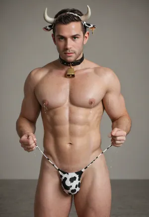 Man in cowprint bikini top and thong. Collar. Cow horn and ear hairband. Cock bulge. Big bulky milky pecs
Milk leaking from nipples. Lactation. Lactating man. Milk. Lactating nipples. Lactating boobs. Milk spurting from chest. Large very visible amounts of milk, lactation, sprayingmilk, . Gold nose ring, <lora:lactation_XL_0_:2>, . Thong cowprint. Obvious cock bulge. Focus on chest. Gold septum piercing. Cowprint bikini top. Crossdressing. Cow print hairband. Nipple piercings. Squeezing nipples. Squeezing breasts. Squeezing pecs. Milking nipples. Man with milky breasts. Cowbell on collar. Ridiculously big bulge. Solo male