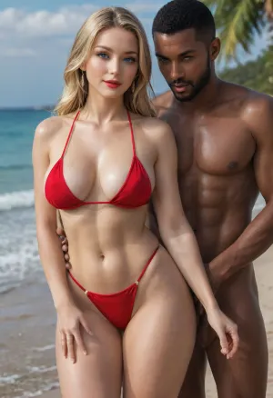 (masterpiece, best quality), explicit interracial couple caressing on the tropical beach. French woman, blonde hair, facing the camera, 40 years old, (beautiful:1.8), (wedding ring), (curvy:1.7), ((fertile goddess)), wide hips, big bubble butt, thick thighs, dressed, red string bikini, covered breasts, protruding nipples, (soft natural teardrop breasts), (C cup breasts), perfect heavy makeup, red lipstick, seductive eyes, wry smile, looking at the viewer, closed lips, sexy head-tilt, S-curve model pose, (((embraced from behind))), his hands are caressing her body, 1man, (((male model face))), black African, black skin, swimwear, naked torso, muscular, athletic, bulging brutish muscles, perfect detailed hands, masculine hands, holding her hips, (caressing:1.6), big cock . Beach, sea, sand, sunny sky, hot midday setting, energetic tone, close-up, front side view, sunlight lit from the front, sunlight reflecting off skin, captured with a Leica M10, Leica Summilux 50mm f/1.4 lens, sharp focus, best shadow, score_9, score_8_up, 8K, UHD, clear image, extremely sharp, extremely detailed, extremely intricate detail, high res, ultra-high-definition, highly detailed, ultra-sharp textures, finely detailed, perfect skin texture, hyperrealistic lighting, professional photography, full dynamic range, deep contrast, high clarity, realistic depth of field, HDR, perfect exposure, smooth gradients, volumetric lighting, natural reflections, ultra-fine details, realistic skin pores, individual hair strands, bokeh, soft shadows, color-graded, dvr-shrp, sexy ass, small, shadow, minimalism, <lora:attractive_notrigger:1.5>, <lora:WildcardX-XL-Detail-Enhancer:1.5>, <lora:EnvyShadowMinimalismXL01:1.5>, <lora:EnvyThiccXL02:1.5>, <lora:Detailed_female_hands-000001:1.5>