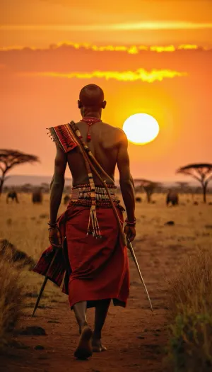 Kenyan warrior Masai, walking in Savannah in sunset, tribal tattoo, sun setting behind Kilimandjaro, proud and determination, warm light