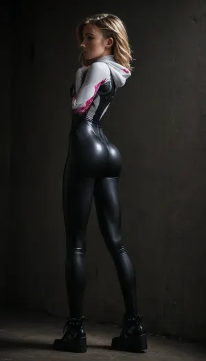 (((18 years old))), (((young))), (shy and embarrassed:1.4), (spider girl Gwen Stacy), Braided side shaved Hair, (tight outfit), (athletic body:1.3), (black high platform boots), (full body view from side), (skinny long legs:1.2), (wide hips:1.3), (narrow waist:1.4), (blonde with pink strands), (clubfoot), (view from side:1.6), (makeup), ((pussy cameltoe:1.2)), wet, (shining wet clothes), (makeup:1.2), (oiled skin:1.5), (wet shining tight bodysuit:2), hand, 1girl, ((athletic ass:2)), (erected nipples:1.5), (big natural breast:1.5), (high detailed face:1.5), dim lights, (chiaroscuro lighting:.3), <lora:HandFineTuning_XL:1>, <lora:MGLRbodysuit_sdxl:.6>, <lora:uberfit_lora_sdxl:.4>, <lora:dark:.3>, <lora:attractive_notrigger:.8>