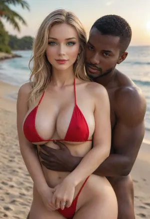 (masterpiece, best quality), explicit interracial couple caressing on the tropical beach. French woman, blonde hair, facing the camera, 40 years old, (beautiful:1.8), (wedding ring), (curvy:1.7), ((fertile goddess)), wide hips, big bubble butt, thick thighs, dressed, red string bikini, covered breasts, protruding nipples, (soft natural teardrop breasts), (C cup breasts), perfect heavy makeup, red lipstick, seductive eyes, wry smile, looking at the viewer, closed lips, sexy head-tilt, S-curve model pose, (((embraced from behind))), his hands are caressing her body, 1man, (((male model face))), black African, black skin, swimwear, naked torso, muscular, athletic, bulging brutish muscles, perfect detailed hands, masculine hands, holding her hips, (caressing:1.6), big cock . Beach, sea, sand, sunny sky, hot midday setting, energetic tone, close-up, front side view, sunlight lit from the front, sunlight reflecting off skin, captured with a Leica M10, Leica Summilux 50mm f/1.4 lens, sharp focus, best shadow, score_9, score_8_up, 8K, UHD, clear image, extremely sharp, extremely detailed, extremely intricate detail, high res, ultra-high-definition, highly detailed, ultra-sharp textures, finely detailed, perfect skin texture, hyperrealistic lighting, professional photography, full dynamic range, deep contrast, high clarity, realistic depth of field, HDR, perfect exposure, smooth gradients, volumetric lighting, natural reflections, ultra-fine details, realistic skin pores, individual hair strands, bokeh, soft shadows, color-graded, dvr-shrp, sexy ass, small, shadow, minimalism, <lora:attractive_notrigger:1.5>, <lora:WildcardX-XL-Detail-Enhancer:1.5>, <lora:EnvyShadowMinimalismXL01:1.5>, <lora:EnvyThiccXL02:1.5>, <lora:Detailed_female_hands-000001:1.5>