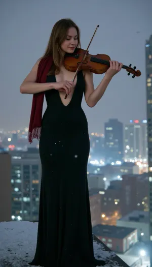 A cinematic, highly detailed image of a young female violinist with Auburn hair, (early 20s), standing on the edge of a high-rise building on Christmas Eve, high above the city. Snow is falling hard around her, while the lights of the city glow far below through the storm. Skyscrapers fade into the snowy haze in the distance, and the night sky feels cold, quiet.

She’s dressed for in a long, elegant dress with a deep plunging neckline, with a deep red scarf wrapped around her neck trailing behind her in the wind. Snow is falling and collecting on the ground. She has long Auburn hair. Despite the storm and the height, she stands confidently and plays her violin, bow caught mid-stroke as if the music itself is holding the moment together. Her posture is calm and practiced, balanced right at the edge, and her expression is peaceful but deeply focused, completely absorbed in the music. Her breath is visible in the cold air, and tiny snowflakes cling to her lashes and hair, catching the warm glow of the city lights below.