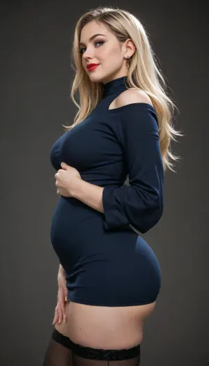 1girl, (solo), breasts, long hair, smile, (soft belly:1.3), (A hand on my belly), solo, blush, light blue eyes, blonde hair, jewellery, (huge breasts:.1), (sagging breast:.5), thighs, (huge cleavage:.5), red lipstick, earrings, (off-the-shoulder long-sleeve skin-tight lycra blue short dress), (goth), (chubby:.2), beautiful waist, (multiple garters), (black stockings), modern apartment, dark walls, sexy pose, slutty pose, perfect hands, (side view:1.4)