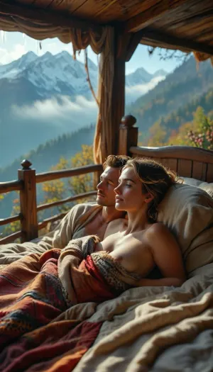 On a mountain peak, a beautifully crafted, rustic wooden bed sits in the foreground. The scene is bathed in the soft morning light, with a gentle layer of fog nestled between the mountain peaks. A couple lies cozily together under thick down blankets, their faces tenderly visible, radiating warmth and affection. In the background, the breathtaking panorama of mountains stretches out, creating a magical, surreal atmosphere, (maximum detail), (super realistic photo:1.4), <lora:MJ52:.6>, <lora:Super_Eye_Detailer_By_Stable_Yogi_SDPD0:.3>, <lora:BUT_SDXL_SHS:.3>, <lora:Cloudy_Style:.8>